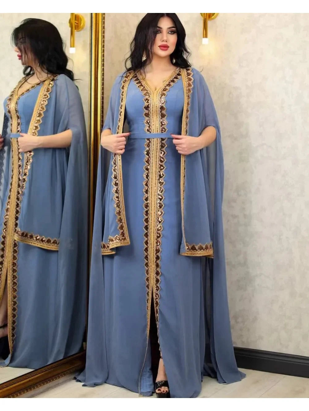 Elegant Muslim Abaya for Women Dress 2 Piece Set Chiffon Cloak Caftan Indian Party Dresses Sequins Kinono Robe Vestidos Abayas.