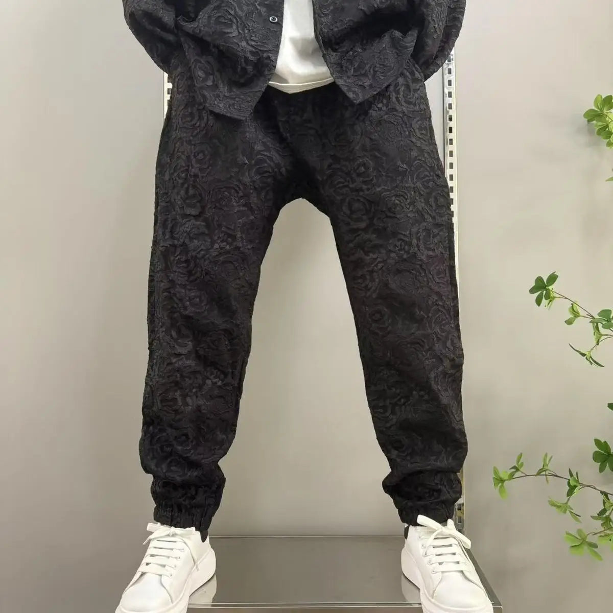 New Spring and Autumn Men's Casual Suit Lapel Jacquard Shirt Trousers Two-piece Set Comfortable Loose.