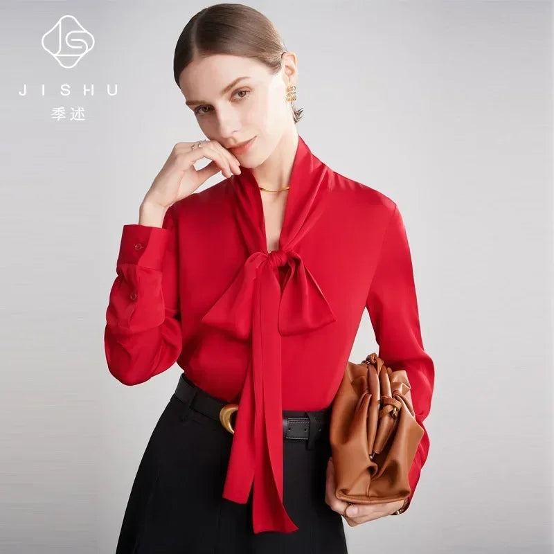 Silk Shirt Women's Thick Temperament Streamer 2025 Spring and Summer New Mulberry Silk Lace-up Design Shirt Long-sleeved Top