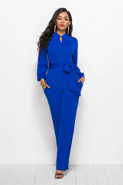 Temperament Solid Color Slim Jumpsuits Women Fashion Long Sleeve Buttons High Waist Leace-up Jumpsuit Ladies Commuting Clothing.