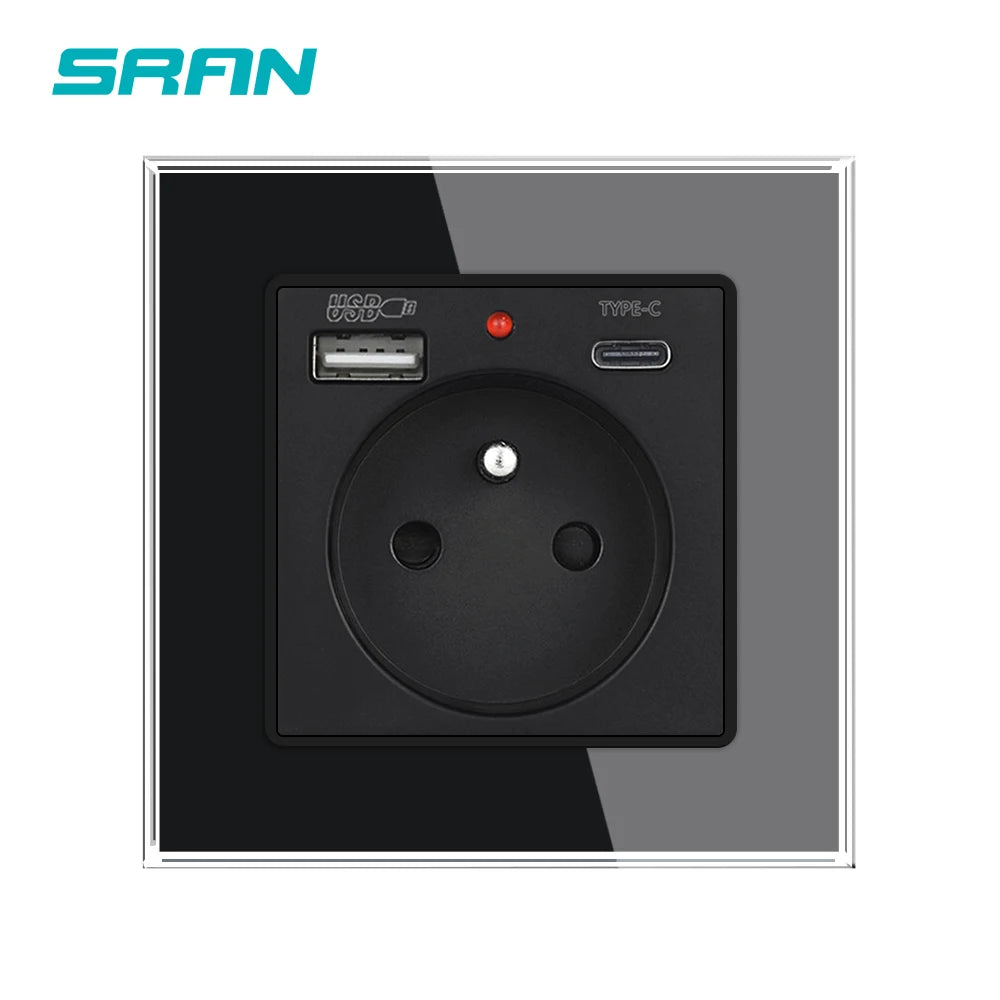 SRAN Französische USB-Wandsteckdose 5 V 2,1 A, Kristall-Hartglasscheibe 16 A 220 V 82 x 82 mm Steckdose Frankreich-Standard mit Abdeckung.