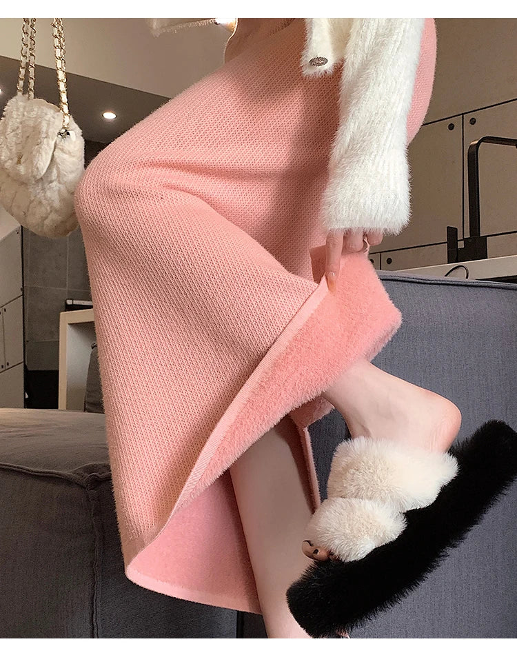 2025 New Thick Knit Midi Skirt High Waisted Straight Hem Bodycon Pencil Skirts for Petite Women Cozy Fall Winter Fashion