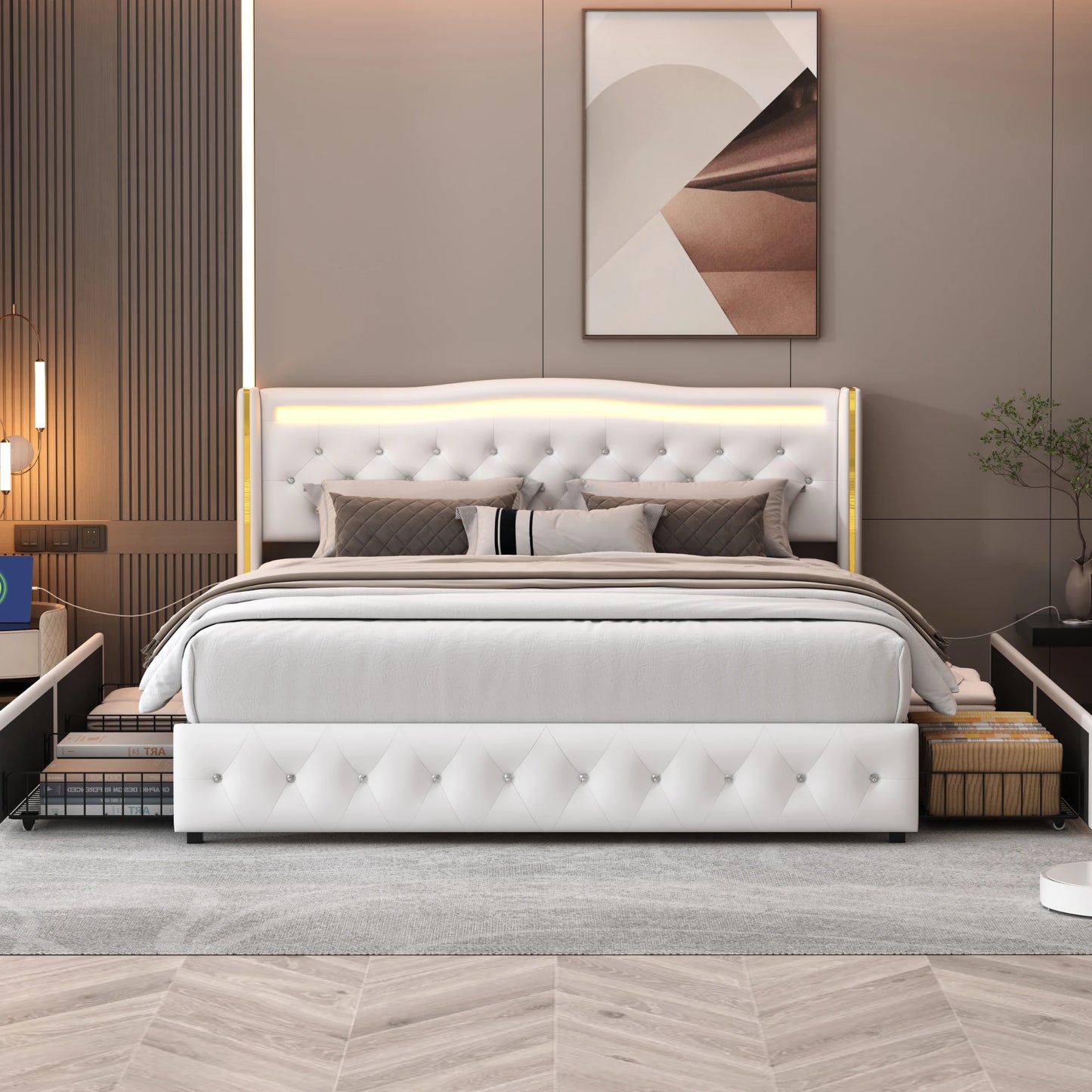 Rosahqnda Modernes Doppelbettgestell aus weißem PU-Leder, vergoldetes Kopfteil mit vier Schubladen ohne Matratze