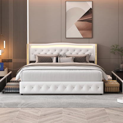 Rosahqnda Modernes Doppelbettgestell aus weißem PU-Leder, vergoldetes Kopfteil mit vier Schubladen ohne Matratze