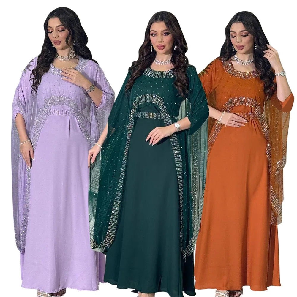 Maßgeschneiderte muslimische Sets, elegante muslimische Frauen, Sommer, langärmelig, V-Ausschnitt, Polyester, lila, 2-teiliges Kleid, Mantel, passende Sets, Muslim