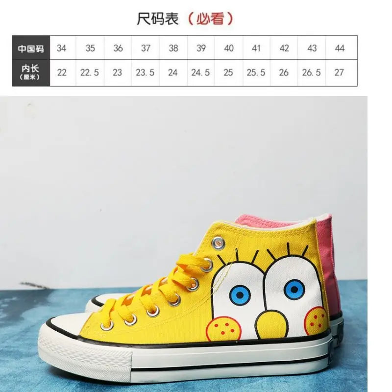 Summer new student Spongebob Squarepants High top canvas shoes cute girl cartoon street sneakers.