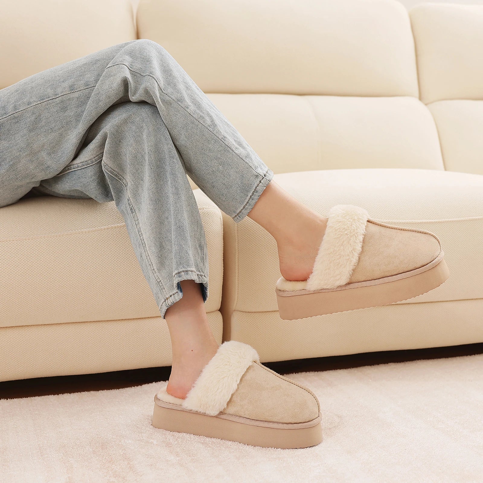 Crestar Women's Platform Fuzzy Slippers New Lady Winter House Slipper Thick Soles Warm Fuzzy Shoes Indoor Outdoor Cotton Shoes.