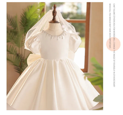 Sommer Solide Perlen Prinzessin Kleid Rundhals Elegante Kinder Brautjungfer Kleidung Luxus Kleider für Hochzeit Edle Kind Kleidung.
