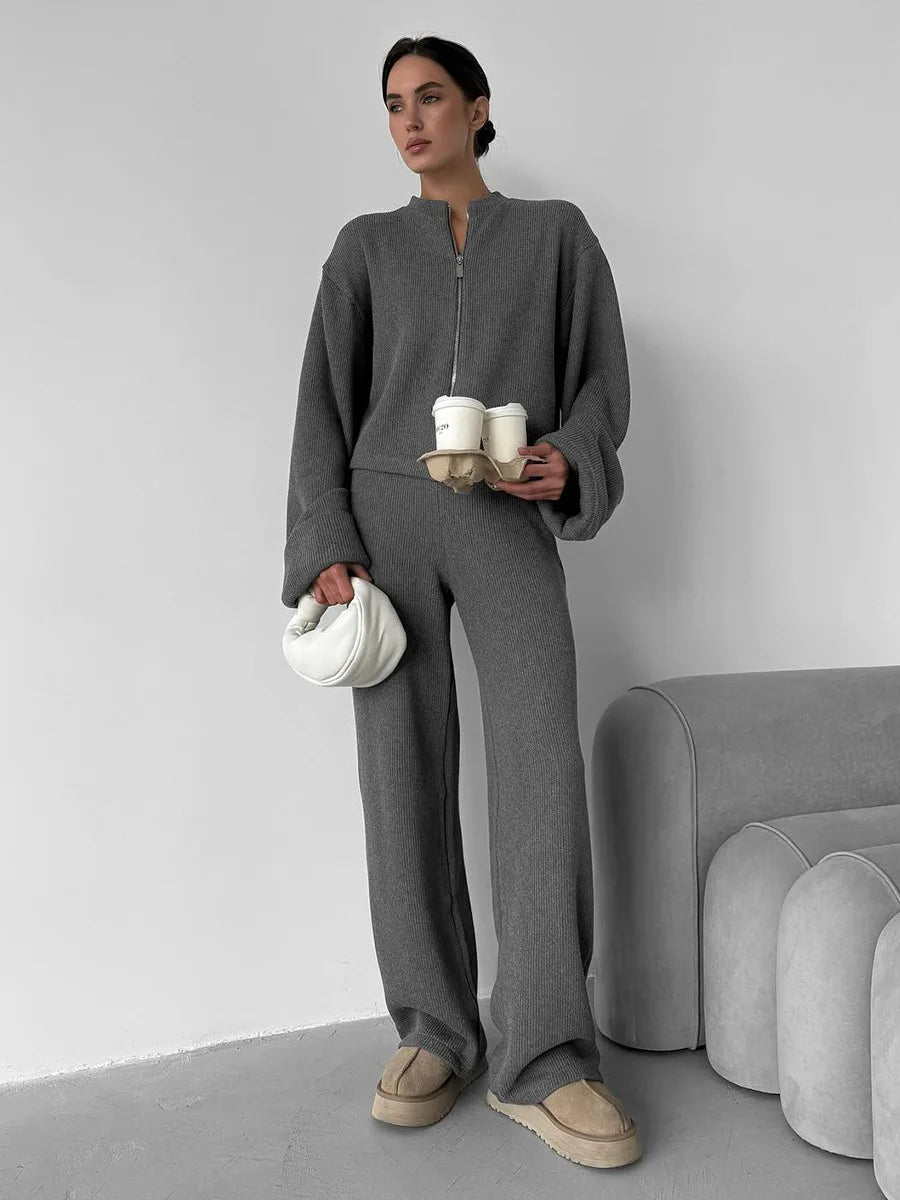 Knit Women 2 Piece Outfit Round Neck Zipper Loose Cuffs Cropped Coat For Lady Sporty Elatic Waist Autumn Female Wide Leg Pants.