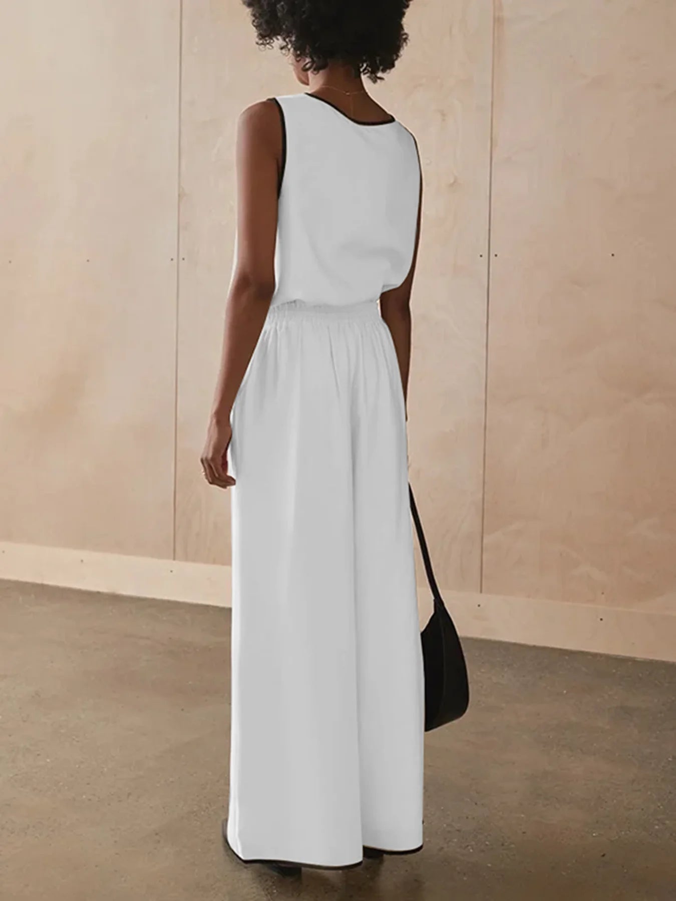 Summer Loose Solid Color 2 Piece Sets Woman Outfit 2025 Fashion Sleeveless Tank Top With High Waist Slit Wide Pants Set.