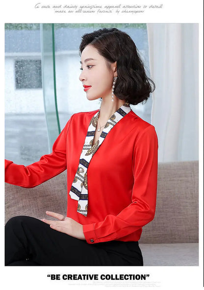 Women's fashionable streamer tops fashionable and elegant small fragrance style covering the belly satin shirt.