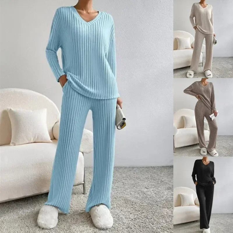 Women's Pajamas Autumn Winter New Casual Straight Pants Pullover Sleepwear Loose V Neck Knitted Home Wear Two Piece Loungewear.