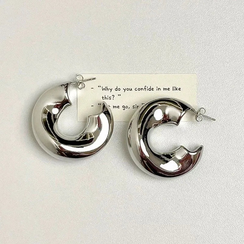 New Retro Chunky C Shape Hoop Earrings Glossy Gold Plated Pvd Circle Round Tube Huggie Hoops Stacked Ear Jewelry.