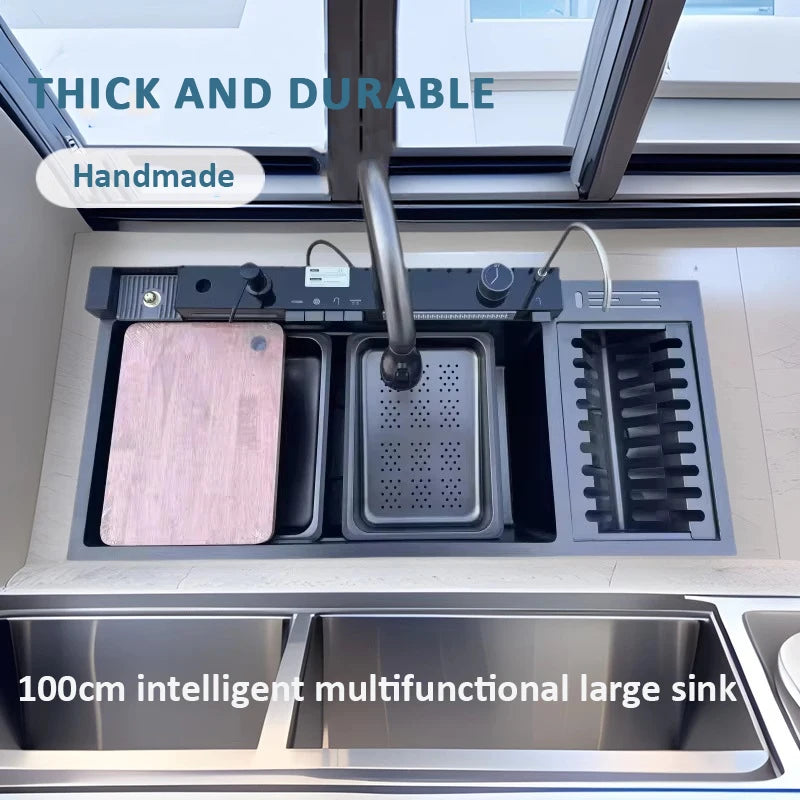 100cmx46cm Whale-Style Large Single-Bowl Kitchen Sink with Dish Rack Digital Faucet Integrated Dishwasher Multi-Functional