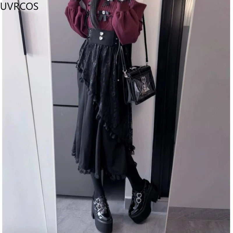 2025 Y2k Aesthetic Harajuku Style Lolita Long Skirt Women Gothic Lace Black Slim Skirts Japanese Jk Pleated Skirt Saia Feminina.