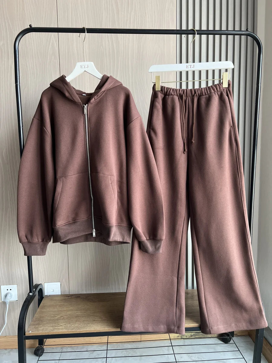 ETJ 2025 Fall/Winter new  women's casual sports oversized zipper hoodie wide leg mop sweatpants set 4174842.