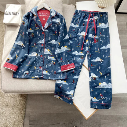 2025 New Pajamas Suit Cotton 2 Piece Set Women Print Cartoon Nightwear Long Sleeve Trousers Set Autumn Loungewear Home Clothes.