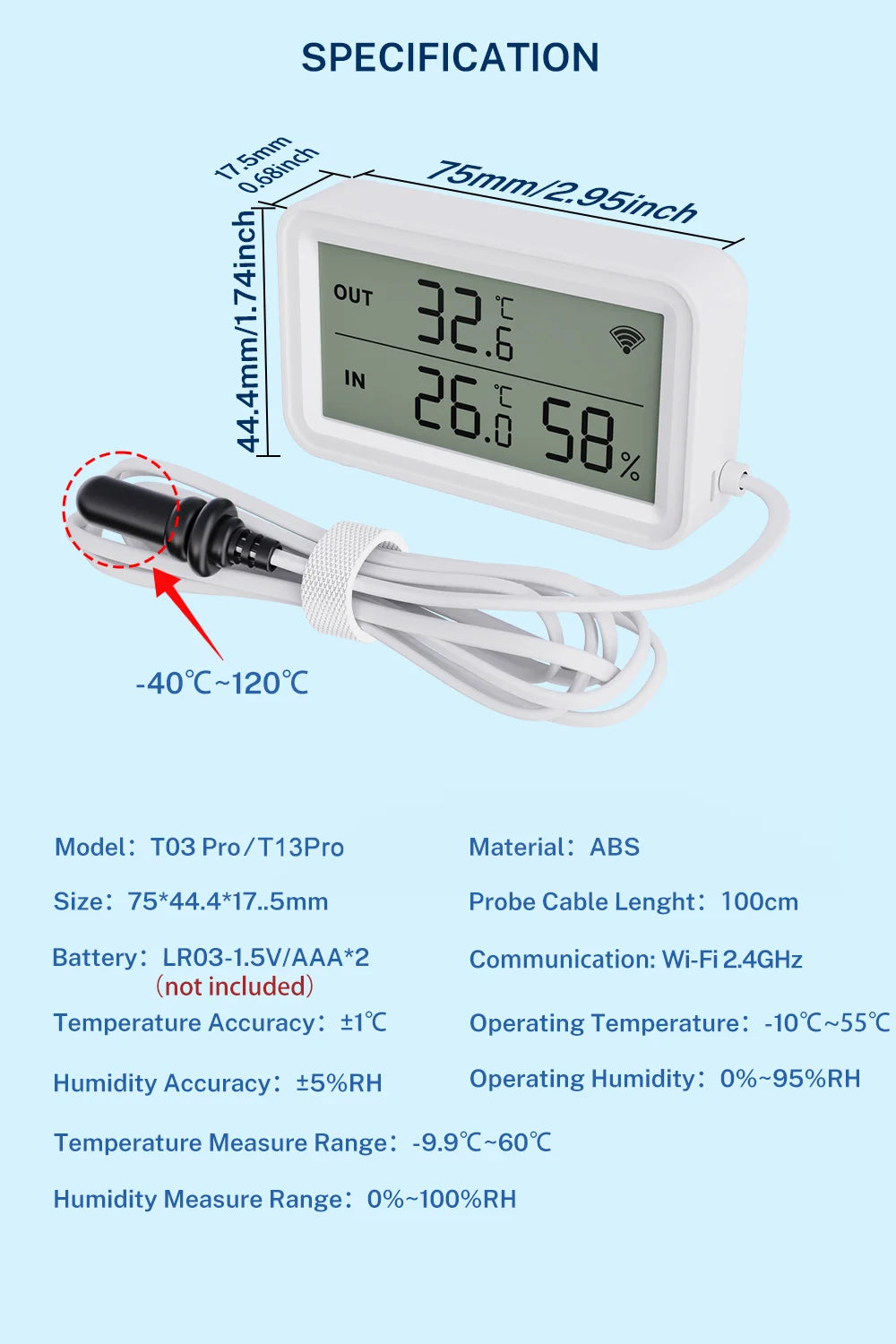 Tuya Wi-Fi Temperature and Humidity Sensor With External Probe Smart Digital LCD Screen Work with Smart Life Google Assistant.