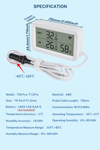 Tuya Wi-Fi Temperature and Humidity Sensor With External Probe Smart Digital LCD Screen Work with Smart Life Google Assistant.