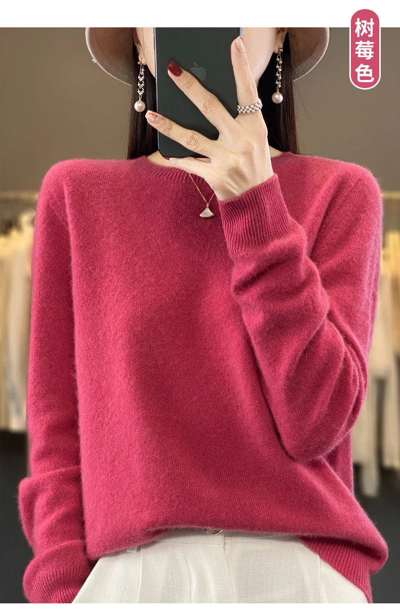 100% Merino Wool Sweater Women O-neck Cashmere Knitwear Female Pullover Autumn Winter Casual Tops Solid Color Soft  Clothing