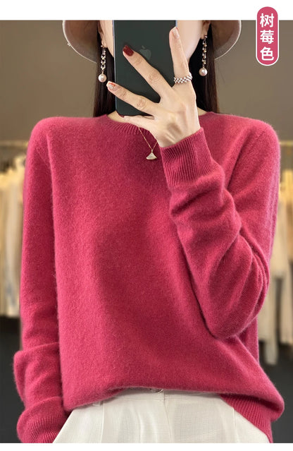 100% Merino Wool Sweater Women O-neck Cashmere Knitwear Female Pullover Autumn Winter Casual Tops Solid Color Soft  Clothing