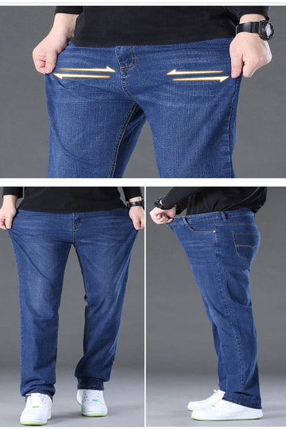 Große Größe Herren Jeans High Stretch Denim Stoff Große Größe Hosen für 45-150 kg Jeans Hombre Jeans mit weitem Bein Pantalon Homme