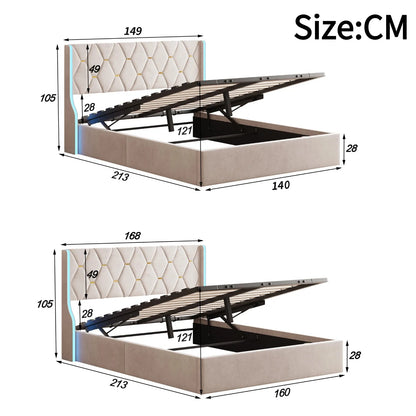 Comanlai 140 x 200 cm/160 x 200 cm hydraulisches Bett mit Stauraum, gepolstertes Bett mit Kopfteil, Kopfteil mit LED-Leuchten, Doppelbett, Flanell