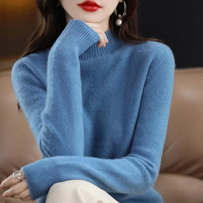 Herbst Winter Frauen Pullover Koreanische Mode Warme Bodenbildung Shirts Halb Hohe Kragen Grundlegende Strickwaren Solide Langarm Pullover
