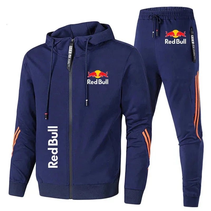 Red Bull Racing Logo Print Men Sportswear Hoodie Sets Zip Sweatshirt+Pants 2 Piece Suit Extreme Sports Custom Red Bull Tracksuit.