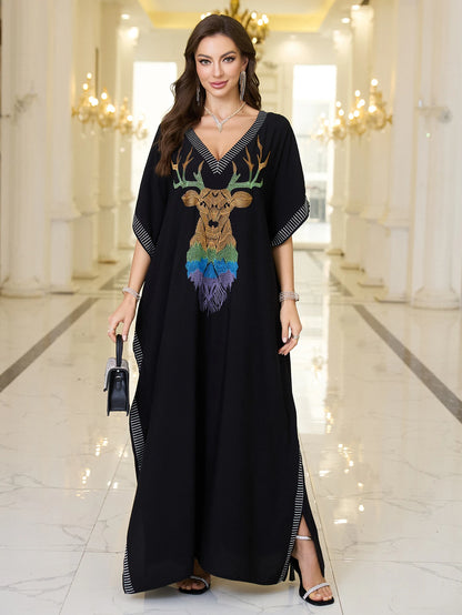 2025 Indie Folk Schnürung V-Ausschnitt Fledermausärmel Sommer Strandkleid Tunika Damen Beachwear Kaftan Maxikleid Robe Sarong Q775