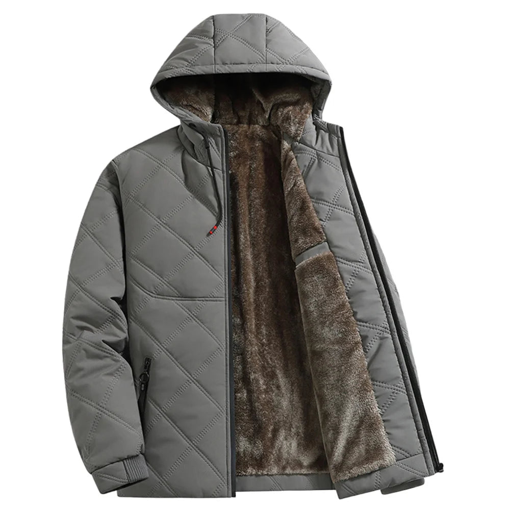 Winter Windproof Thermal Diamond-Pattern Fleece-Lined Thickened Cotton Coat Business Casual Hooded Jacket Fashionable Menswear