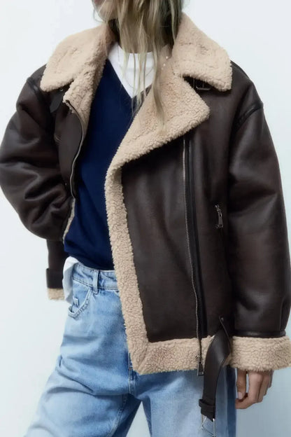 Frau dicke warme doppelseitige Faux Shear ling Jacke Herbst Winter neue Revers Langarm Gürtel Saum Reiß verschluss weibliche Oberbekleidung