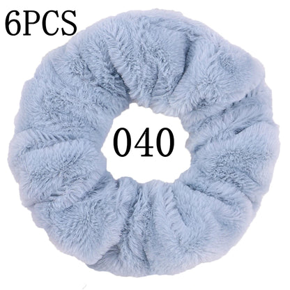 6pc Hair Scrunchies Furry Elastic Band Women Girl Ponytail Holder Rubber Ties Accessories Plush Faux Fur Soft Chiffon Headband