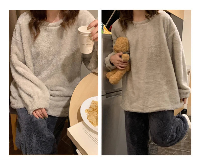 Winter Fleece Women Pajamas Set  Sleepwear Solid Velvet 2 Piece Pant Home Suit Fluffy Casual Warm Flannel Night Wear.