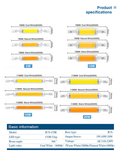 High Power 5W 10W 20W LED R7s COB Glass Tube 118mm J118 78mm J78 Cob Light Bulb AC 110V 220V 240V Lampadas Replace Halogen Lamp.
