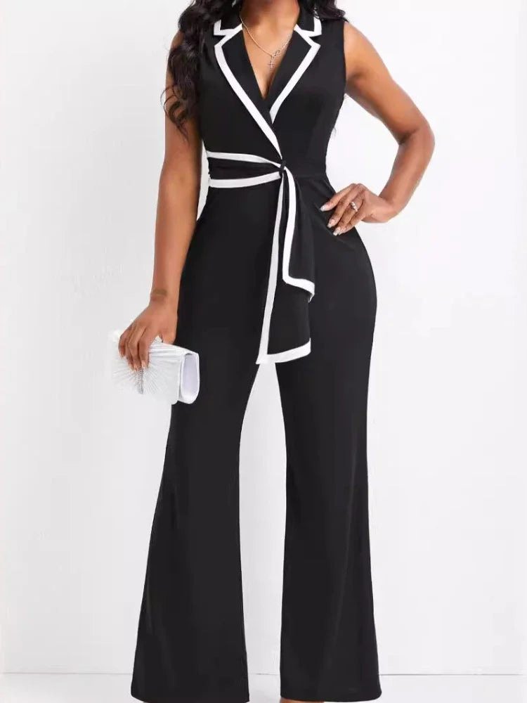 Women's Overalls Outfits Full Length New Fashion 2025 Summer V Neck Elegant Sleeveless Office Lady Jumpsuit Wide Leg Pants.