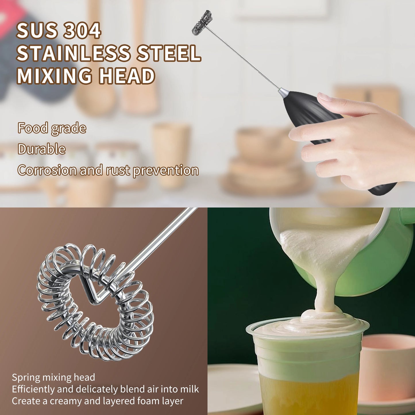 Household Kitchen Portable Mini Handheld SUS304 Mixing Head Electric Food Blender Drink Mixer Coffee Milk Frother With Stand.