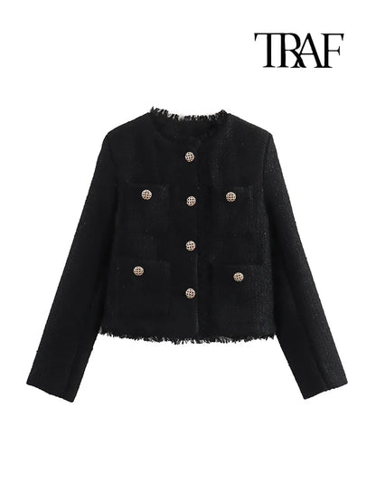 Women's Autumn and Winter Long Sleeve Short Jacket Fashion Solid Colour Front Pocket Button Jacket Elegant Casual Jacket