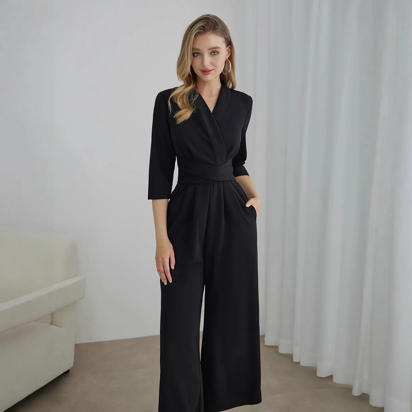 Elegant Pure Color V-Neck Sleeveless Wide Leg Jumpsuit Women's Spring Autumn Fashionable Comfortable Polyester One-Piece Suit.