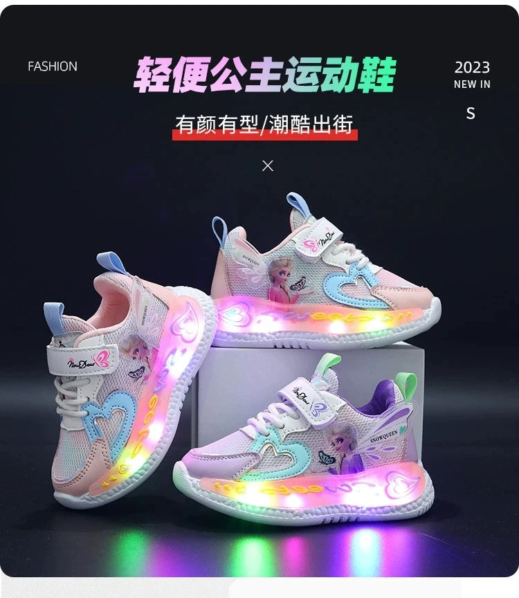 Disney Children Led Shoes Kids Girls Sneakers Frozen Elsa Princess Lighting Shoes Pink Purple Casual Sports Shoes Size 21-31.