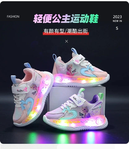 Disney Children Led Shoes Kids Girls Sneakers Frozen Elsa Princess Lighting Shoes Pink Purple Casual Sports Shoes Size 21-31.