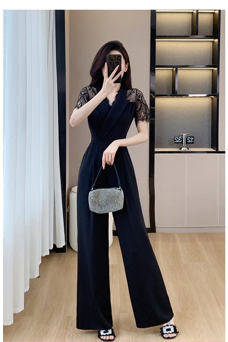 V-neck Solid Office Jumpsuit Women Elegant High Waist Wide Leg Pants Overall 2025 Fashion Slim Hollow Solid Color Romper