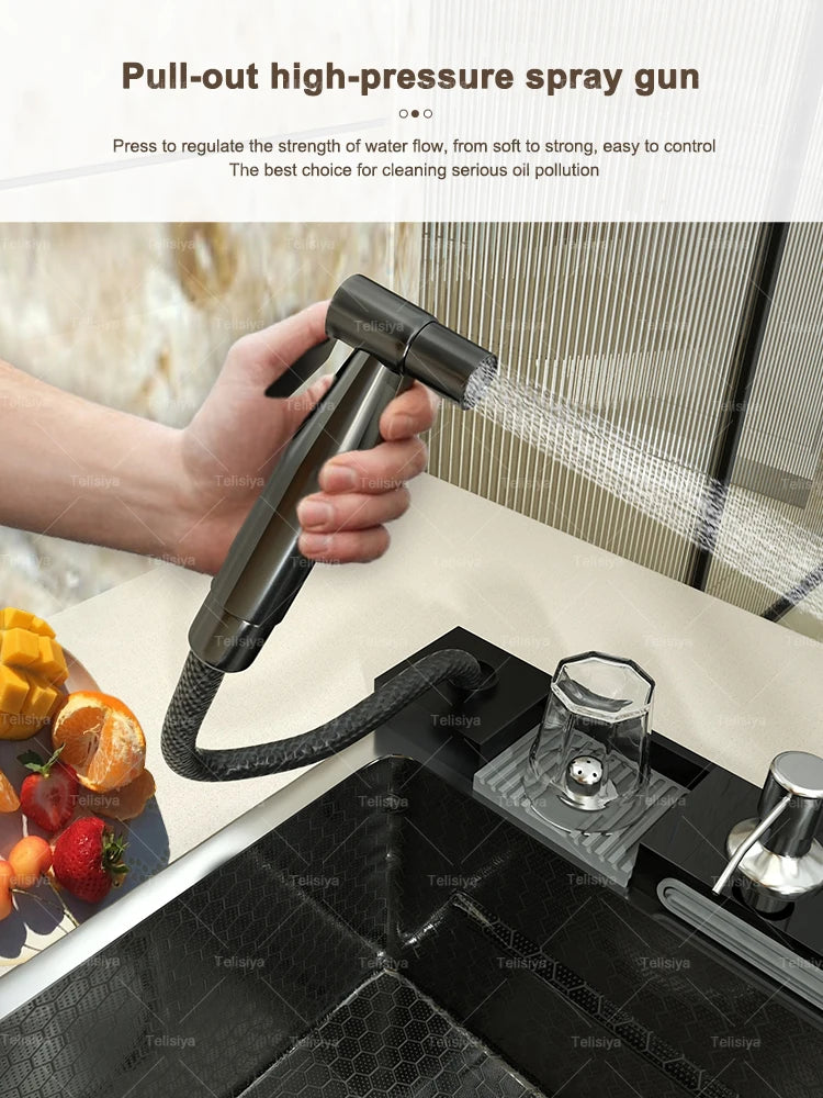 Various Waterfall kitchen Sink  Stainless Steel Multifunctional Large Single Slot Digital Display Sinks