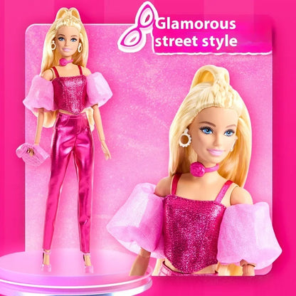 Hot High Quality Barbie Deluxe Style Dolls Pink Dress Outfit Blond Hair Knot Bow Accessories Toys For Girls Sweet Gift In Stock.