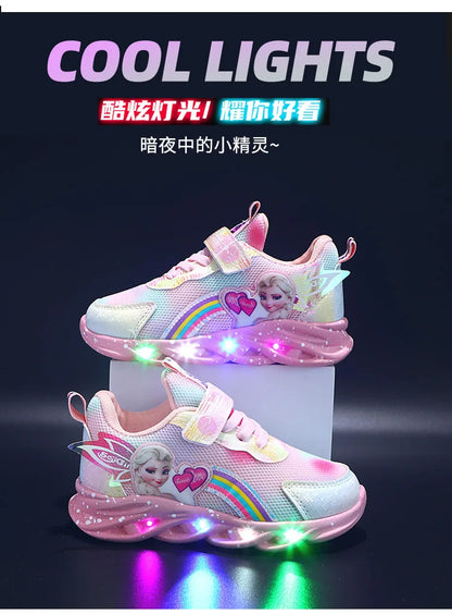 Disney Casual Sneakers LED Lighted For Spring Girls Frozen Elsa Princess Rainbow Outdoor Children Non-slip Pink Purple Shoes.