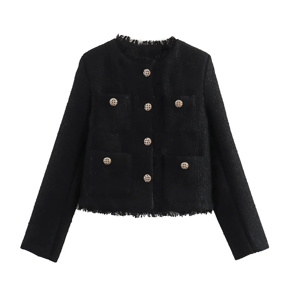 Women's Autumn and Winter Long Sleeve Short Jacket Fashion Solid Colour Front Pocket Button Jacket Elegant Casual Jacket