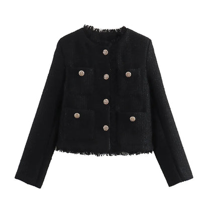 Women's Autumn and Winter Long Sleeve Short Jacket Fashion Solid Colour Front Pocket Button Jacket Elegant Casual Jacket