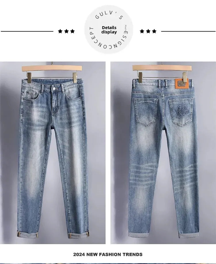 2024 Men's Fashionable Simple Stretch Slim Fit Denim Trousers European Style High Quality Casual Export Men Pants