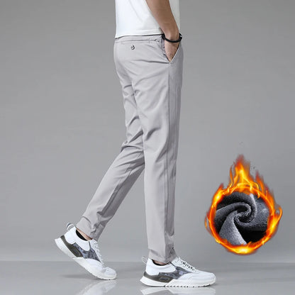 Korean Men's Warm Golf Pants Slim Straight Winter Thick Fleece Casual Pants Business Fashion Stretch Thermal Trousers Male.