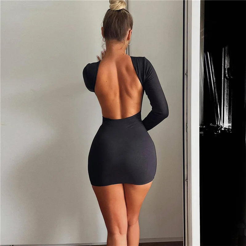 Zahlung Casual Mini Kleid Frauen Prägnante Klassische Backless Volle Hülse O-ansatz Grundlegende Weibliche Bodycon Straße Kleidung